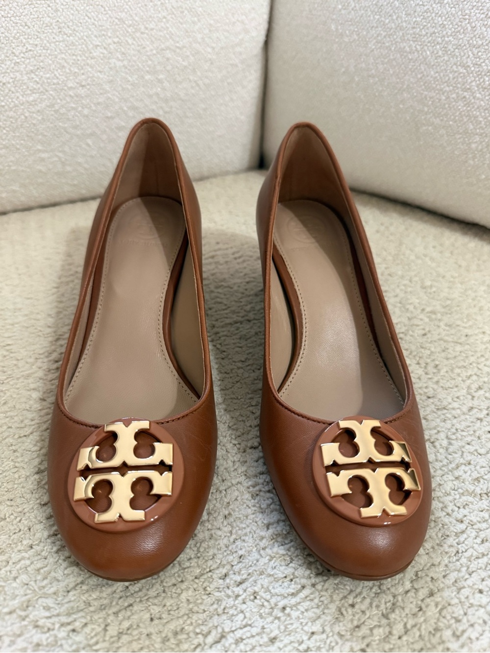 Tory Burch Tan Leather Ballet Flats with Gold Logo
